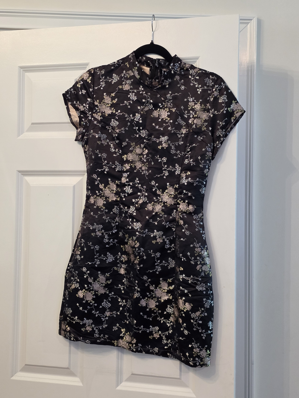 Urban Outfitters Black Floral Satin Cheongsam Mini Dress